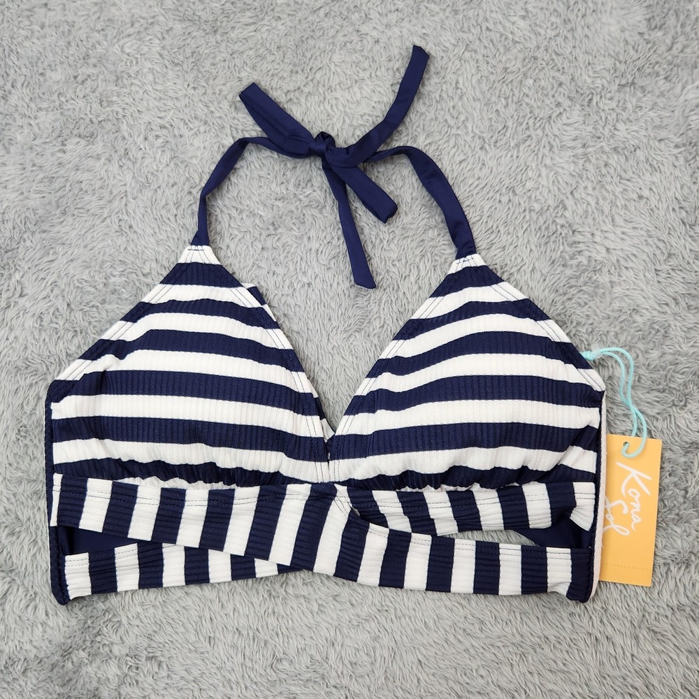 Kona Sol Bikini Top‎ Womens M Navy White Stripe Ribbed Wrap Halter 238130152